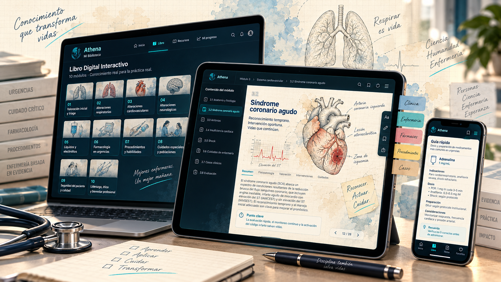 Libro Digital Interactivo mostrado en computador, tablet y teléfono con sus 10 módulos