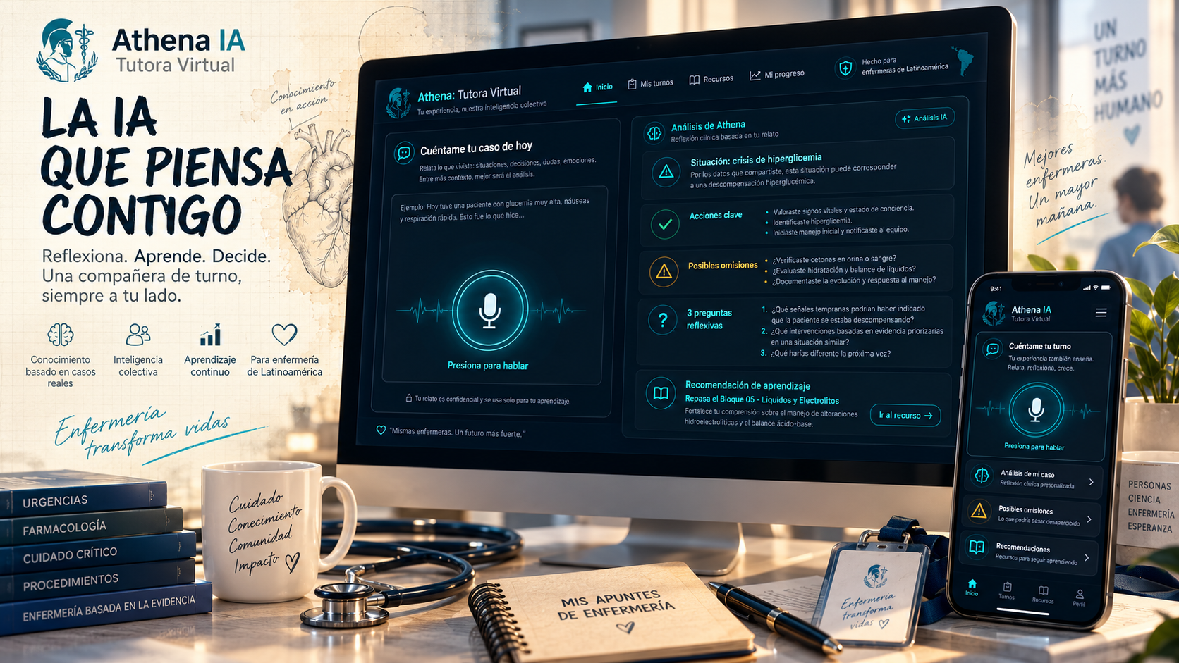 Athena IA, Tutora Virtual, analizando una experiencia de turno en computador y teléfono